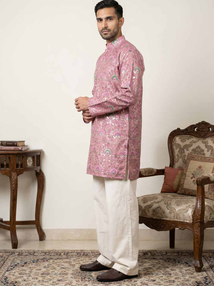 Silk Blend Foil Print Kurta &amp; Korean Pants Set