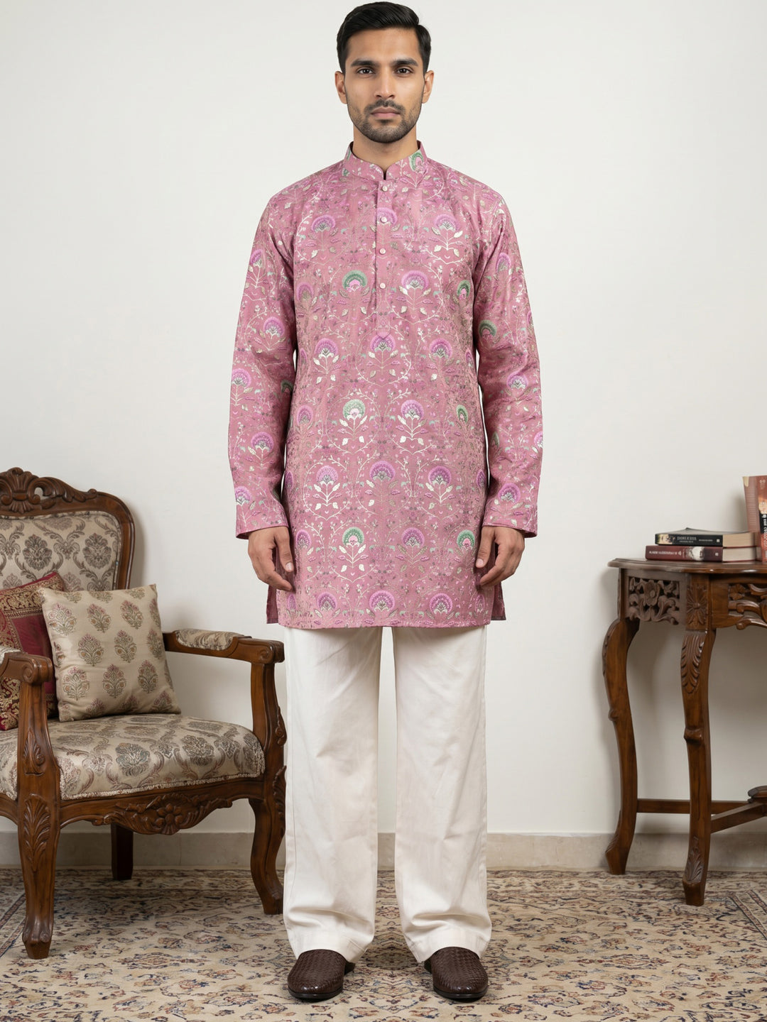 Silk Blend Foil Print Kurta &amp; Korean Pants Set