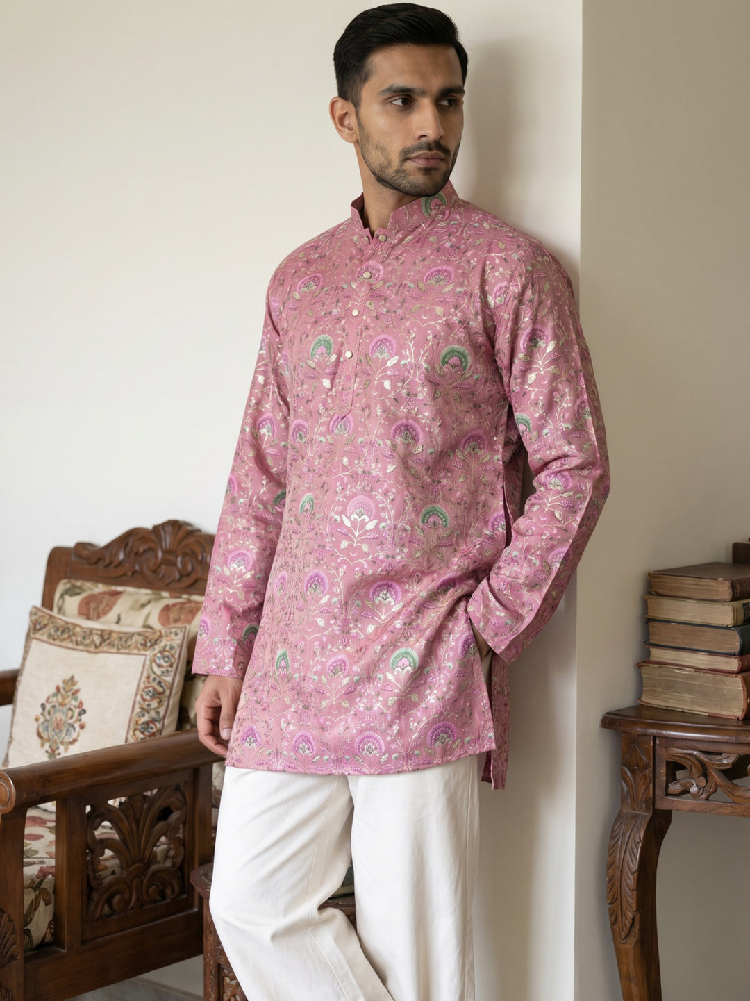 Silk Blend Foil Print Kurta &amp; Korean Pants Set
