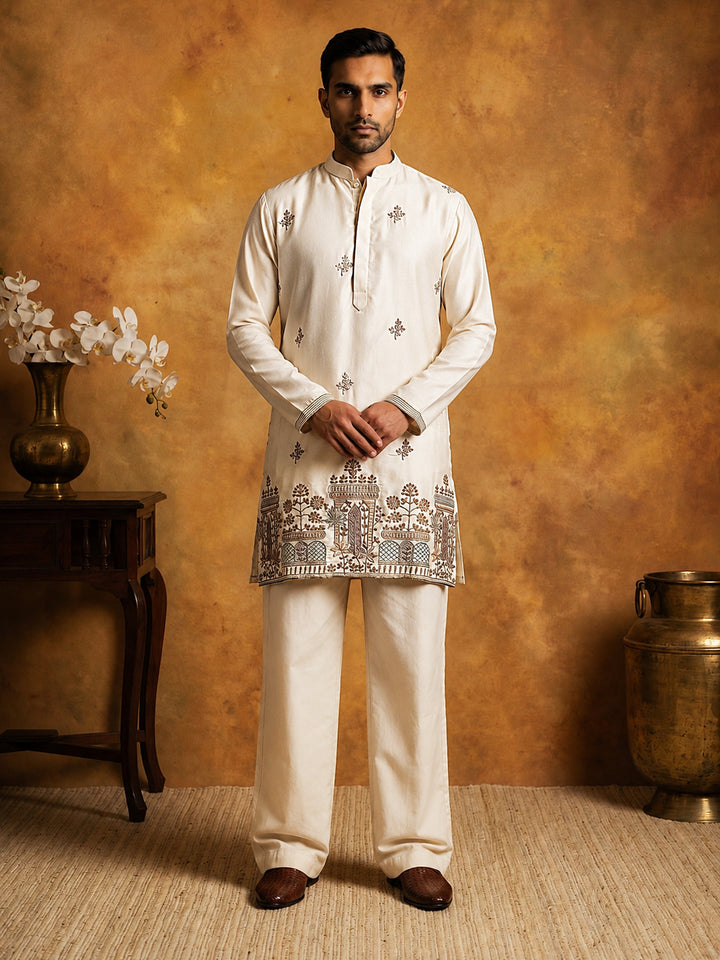 Silk Blend Embroidered Kurta &amp; Korean Pants Set