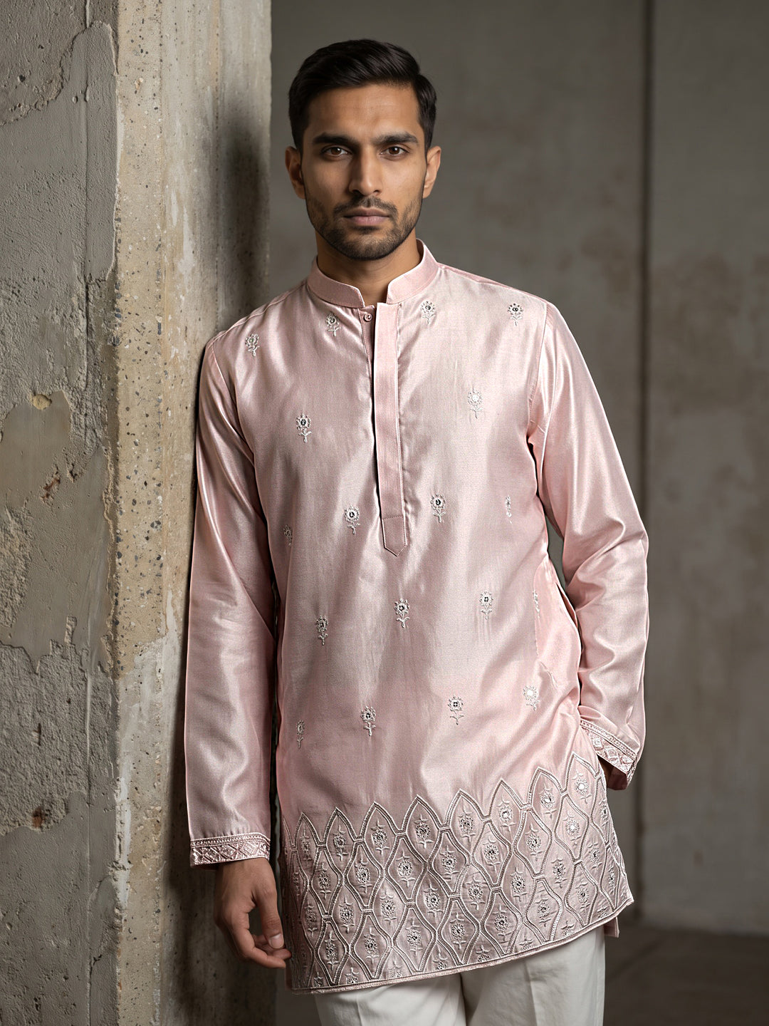 Men Designer Silk Blend Embroidered Kurta With Korean Pants