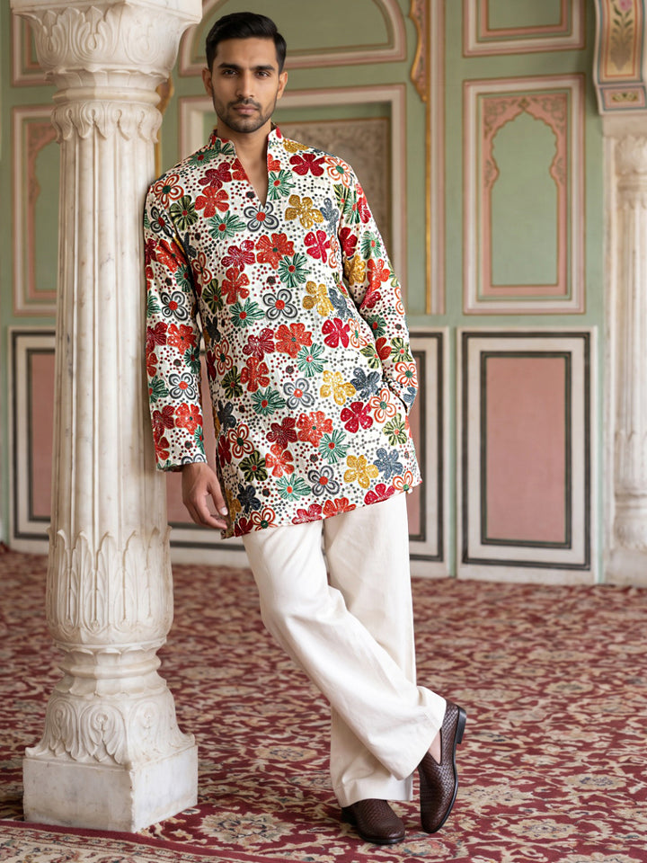 Silk Blend Designer Embroidered Kurta With Korean Pants