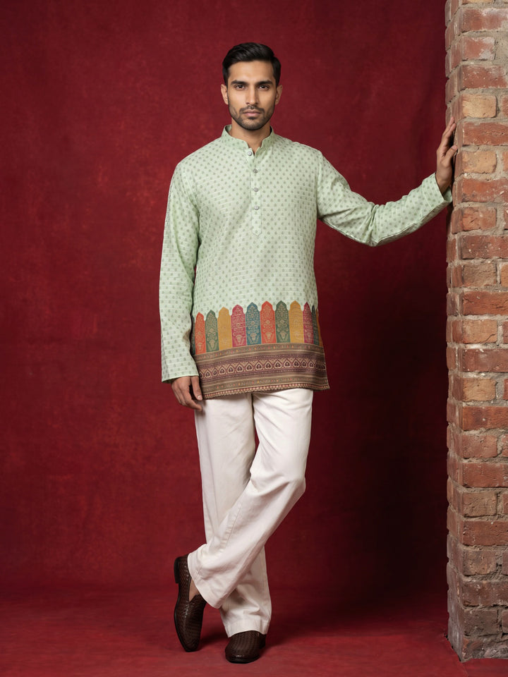 Cotton Blend Printed &amp; Thread Work Kurta With Korean Pants