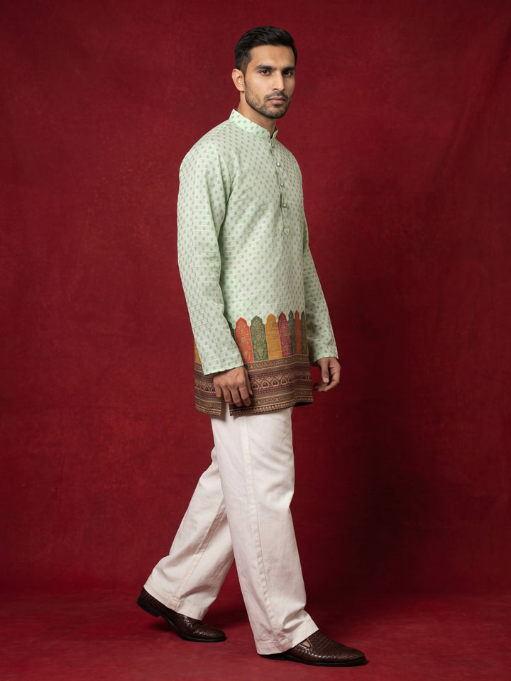 Cotton Blend Printed &amp; Thread Work Kurta With Korean Pants