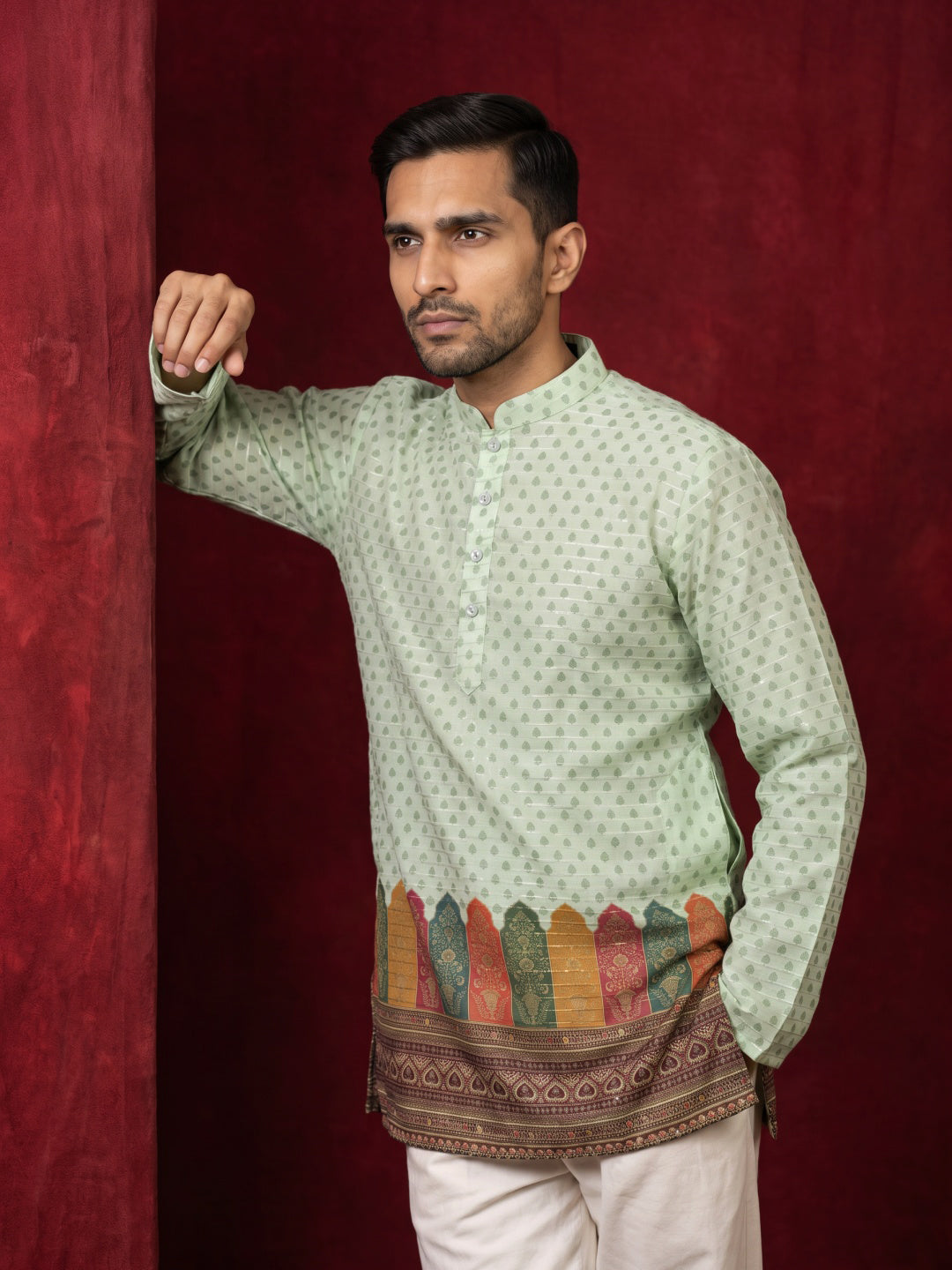 Cotton Blend Printed &amp; Thread Work Kurta With Korean Pants