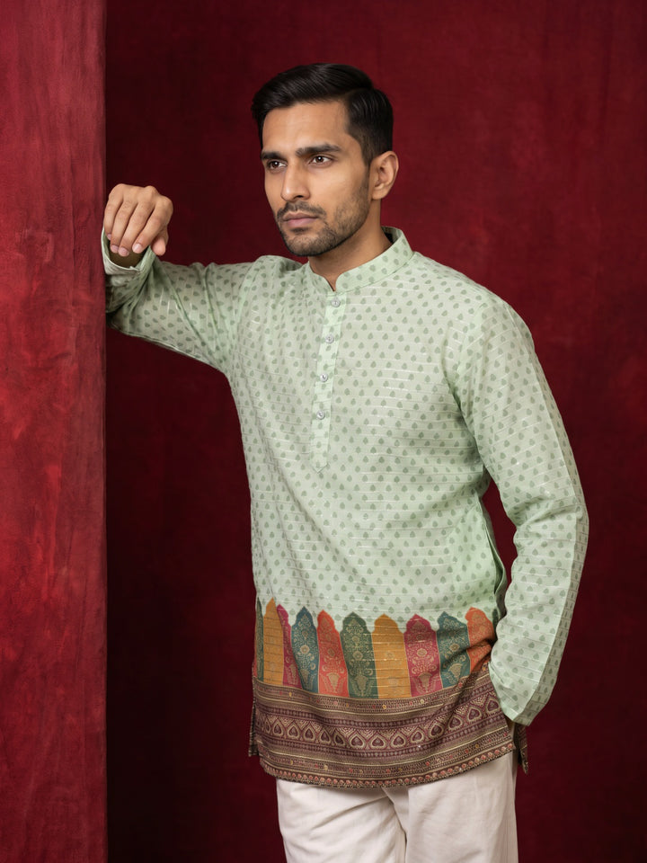 Cotton Blend Printed &amp; Thread Work Kurta With Korean Pants