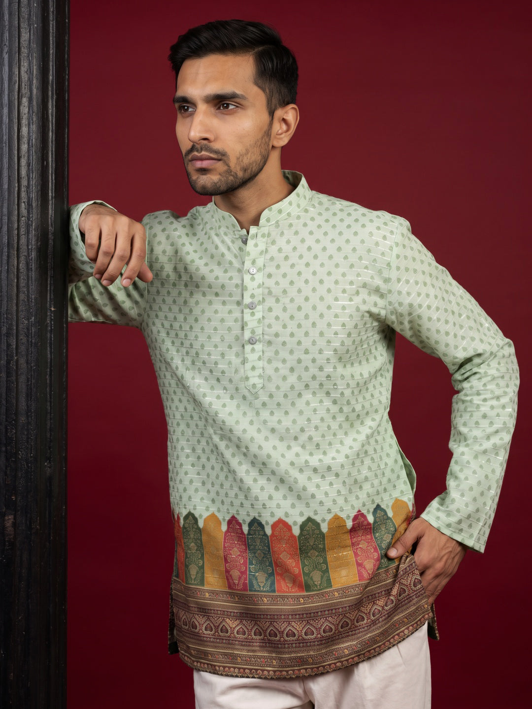 Cotton Blend Printed &amp; Thread Work Kurta With Korean Pants