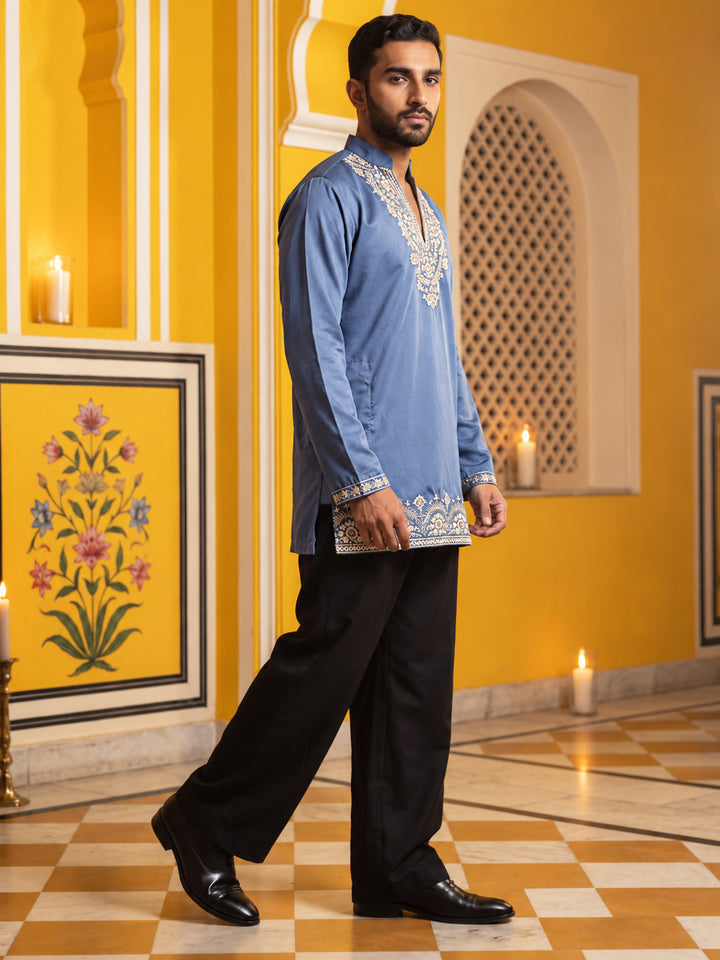 Cotton Blend Embroidered Kurta With Korean Pants