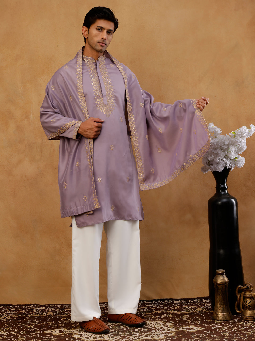 Men’S Festive Embroidered Kurta With Korean Pants &amp; Dupatta