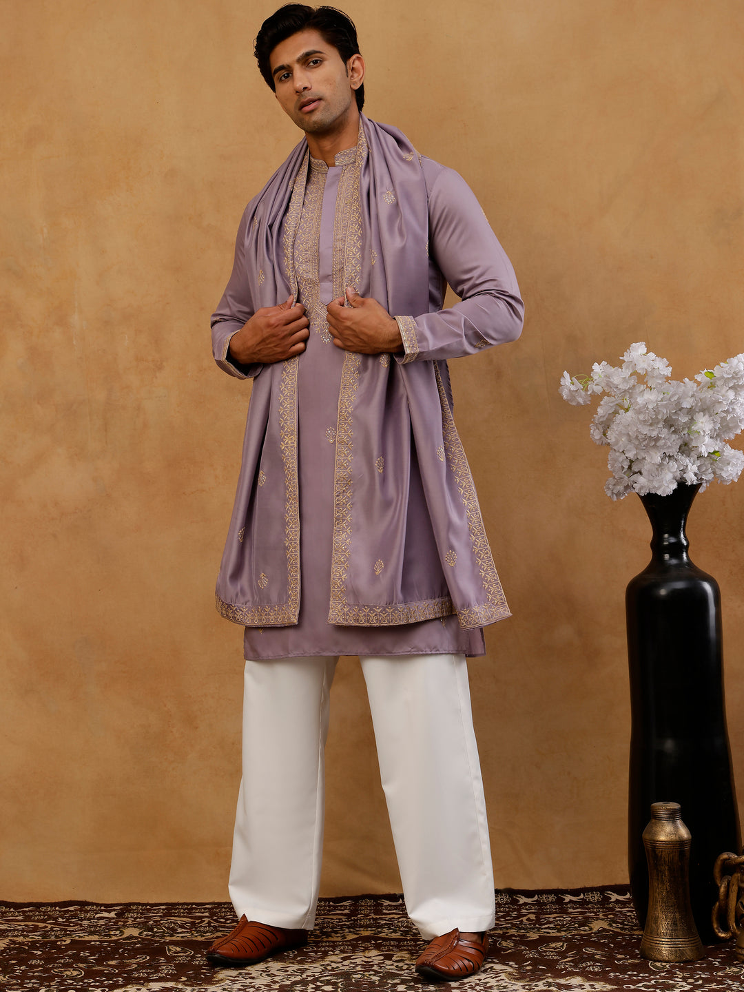 Men’S Festive Embroidered Kurta With Korean Pants &amp; Dupatta