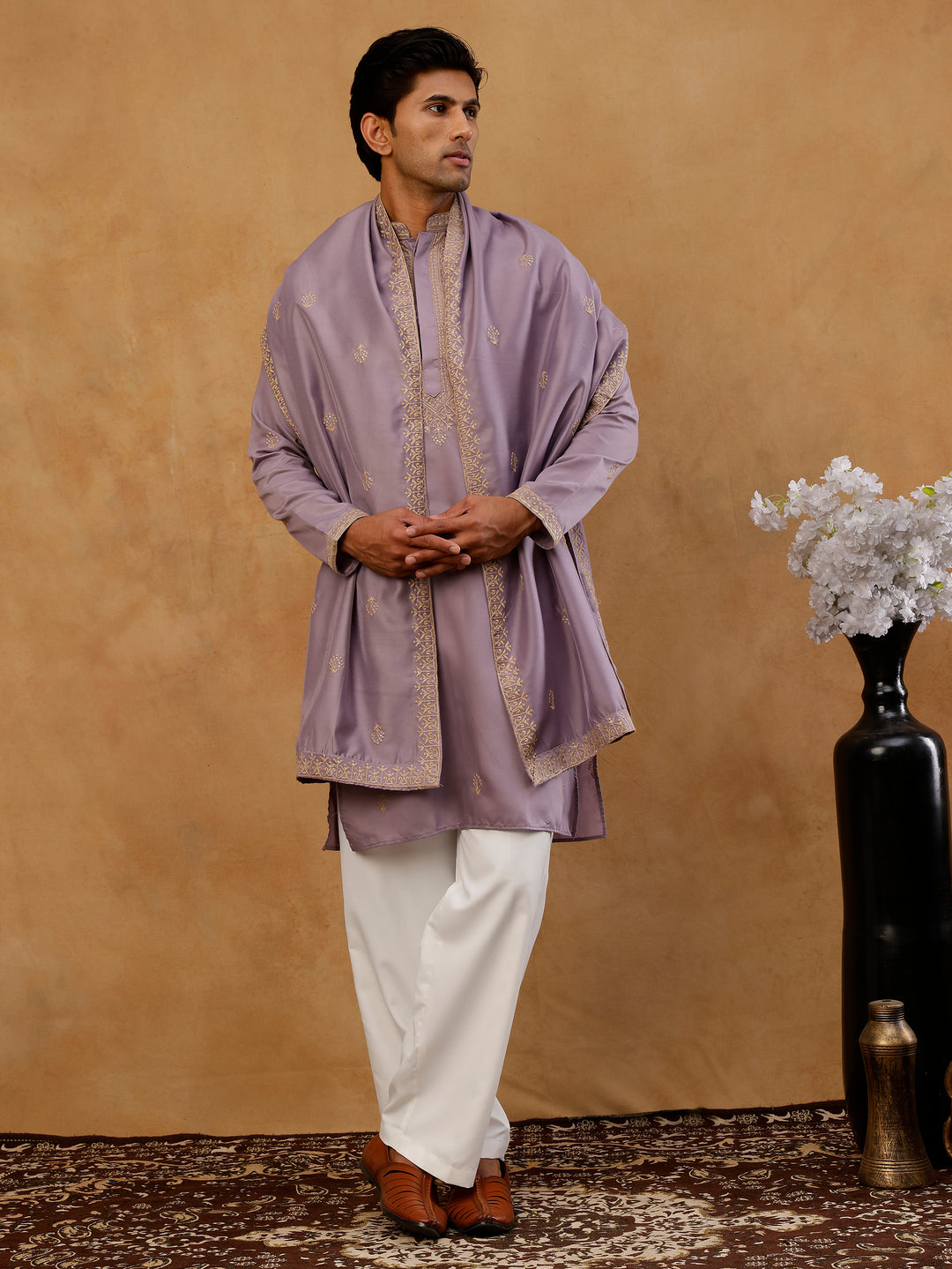 Men’S Festive Embroidered Kurta With Korean Pants &amp; Dupatta