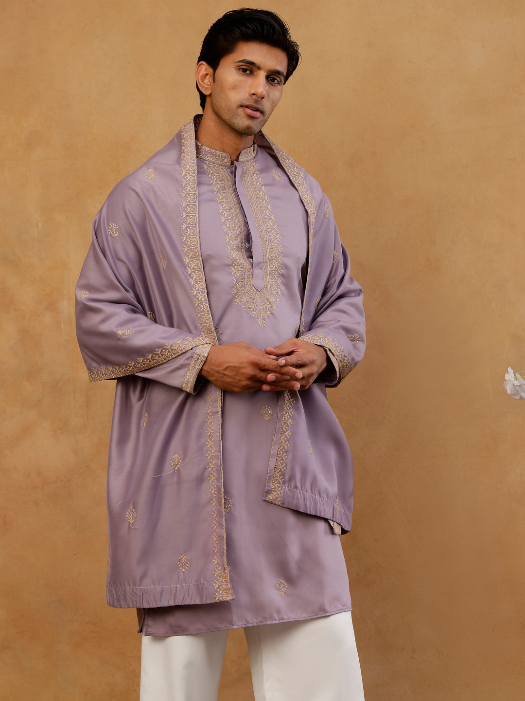 Men’S Festive Embroidered Kurta With Korean Pants &amp; Dupatta