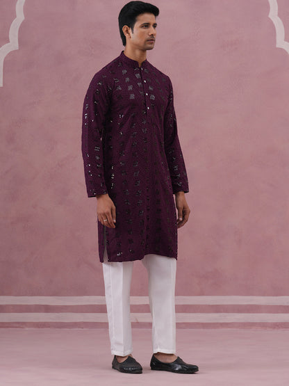 Sequin-Embellished Rayon Embroidered Kurta Pyjama