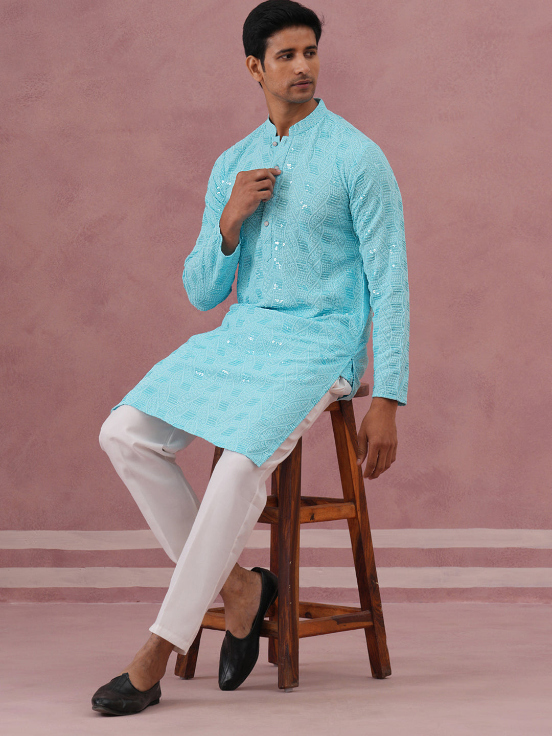 Sequin-Embellished Rayon Embroidered Kurta Pyjama