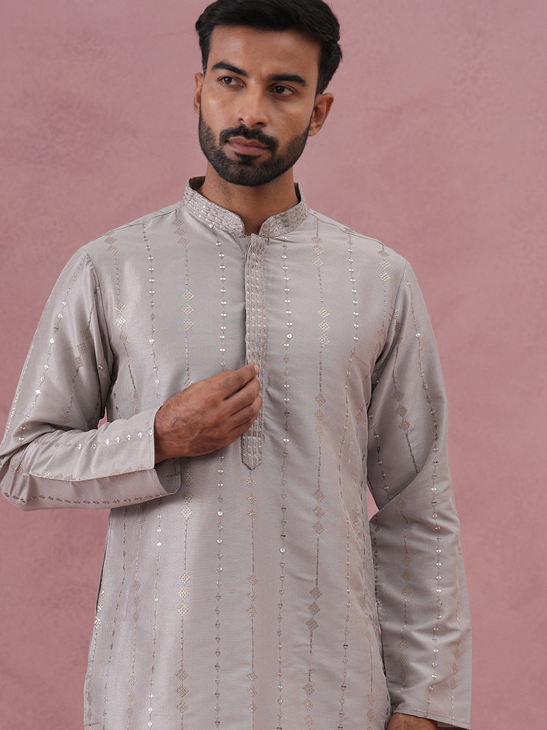 Traditional Silk-Blend Silver Kurta Pyjama For Men