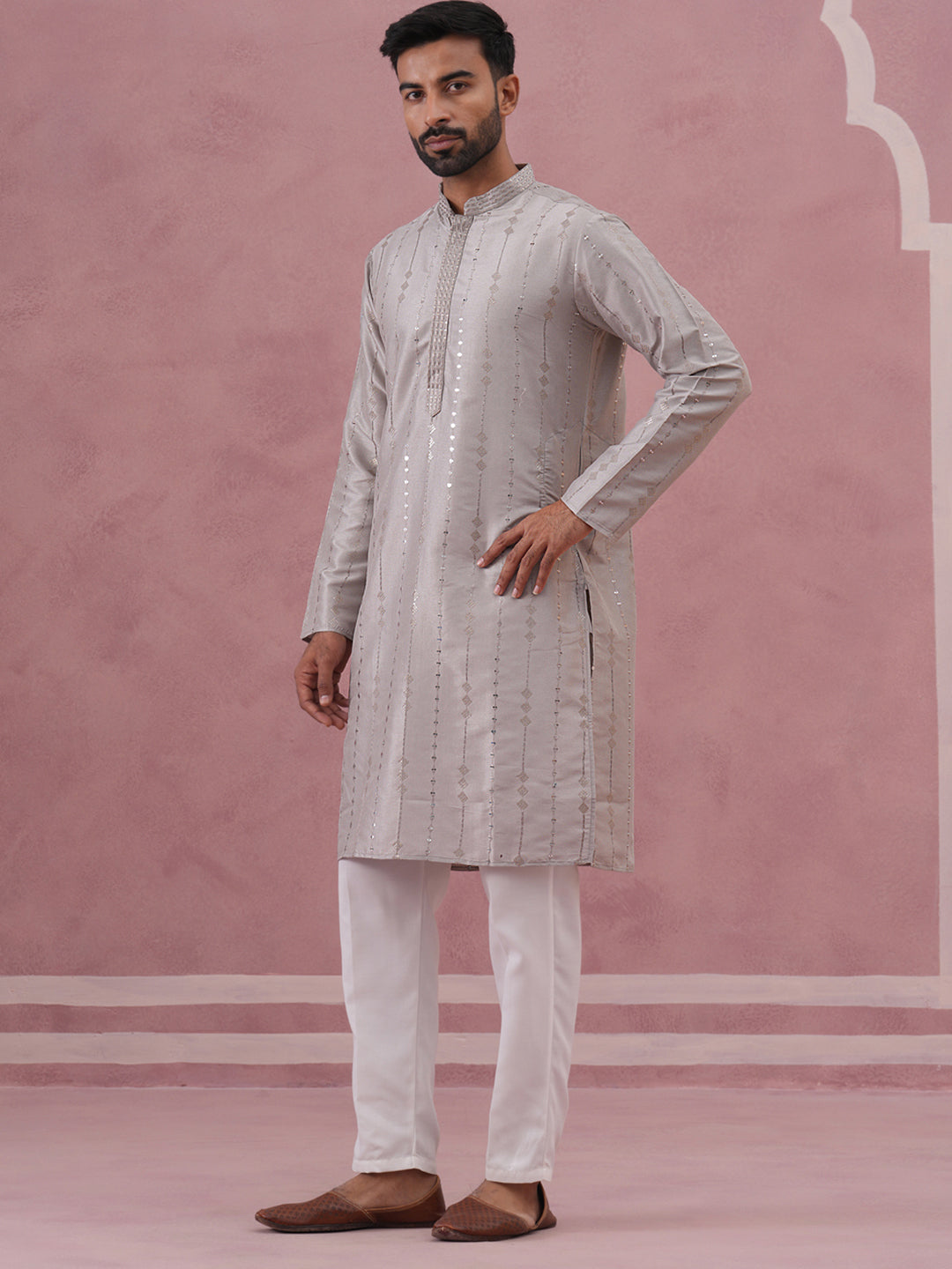 Traditional Silk-Blend Silver Kurta Pyjama For Men