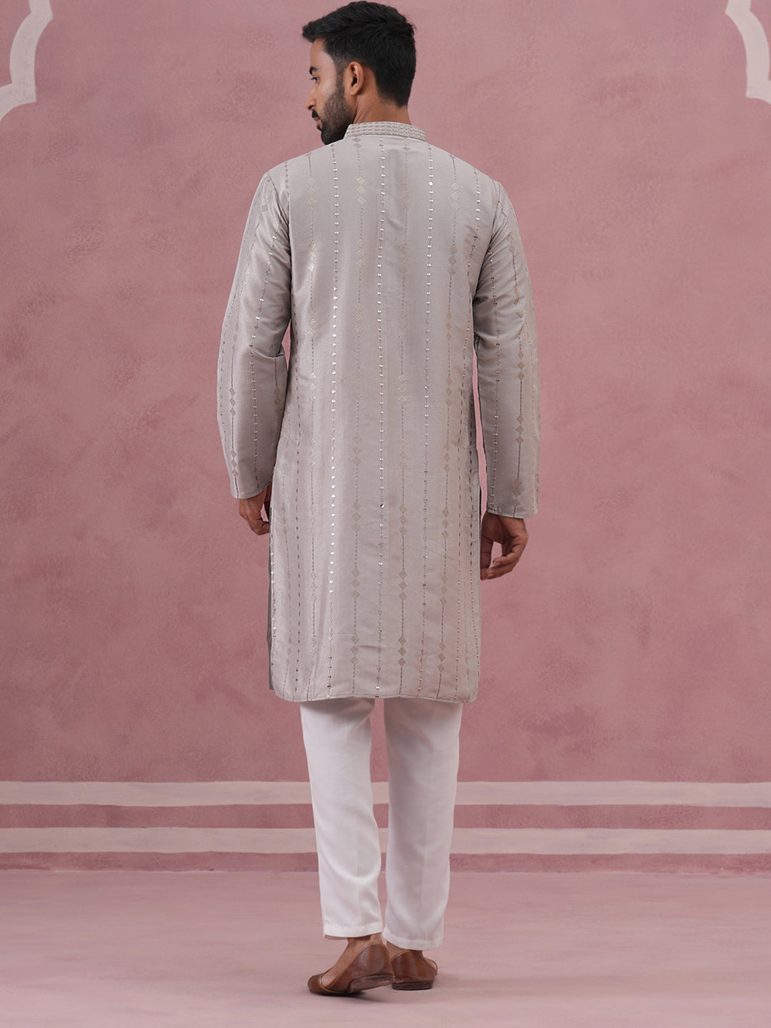 Traditional Silk-Blend Silver Kurta Pyjama For Men
