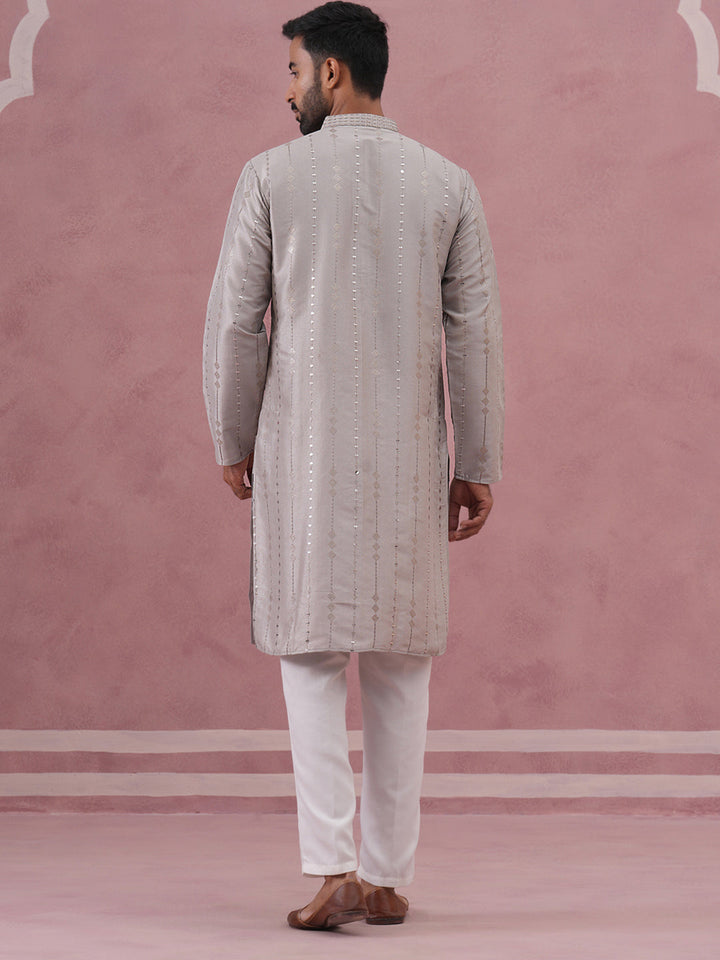 Traditional Silk-Blend Silver Kurta Pyjama For Men