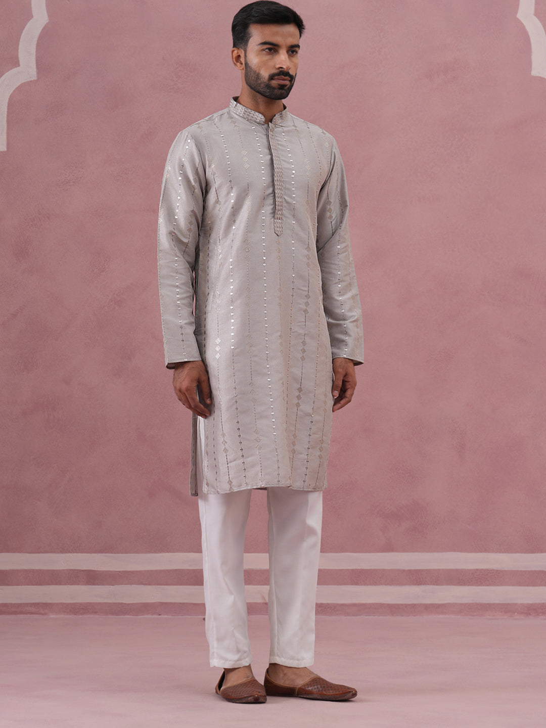 Traditional Silk-Blend Silver Kurta Pyjama For Men