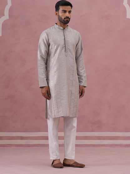 Traditional Silk-Blend Silver Kurta Pyjama For Men