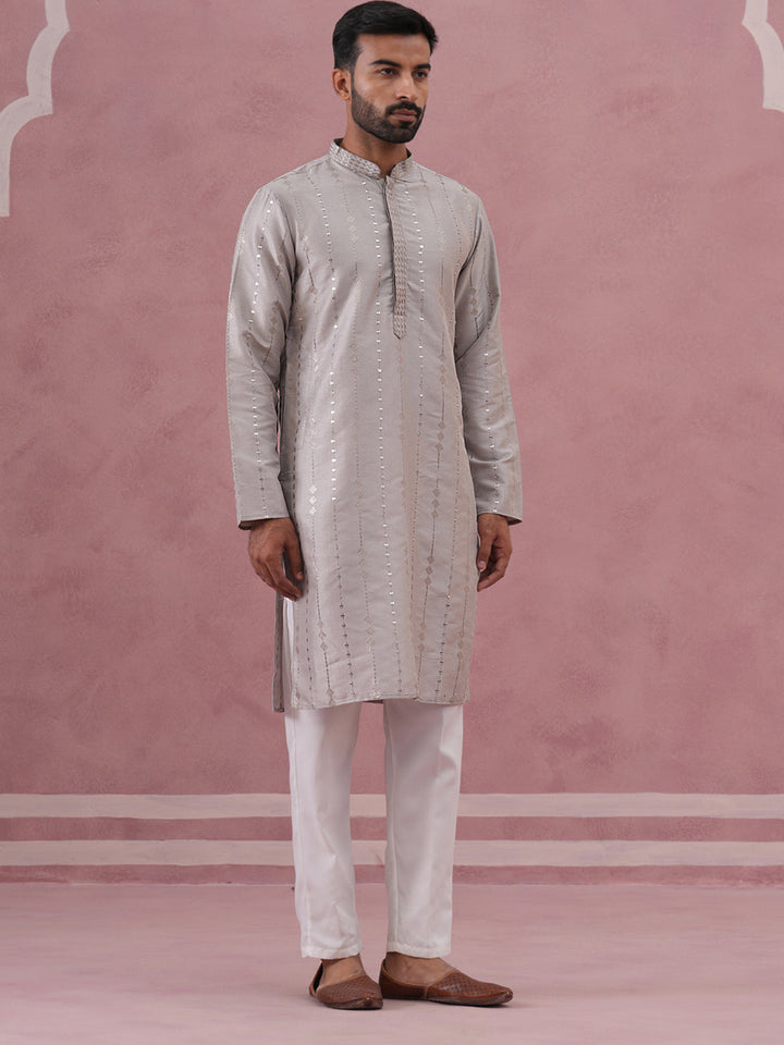 Traditional Silk-Blend Silver Kurta Pyjama For Men