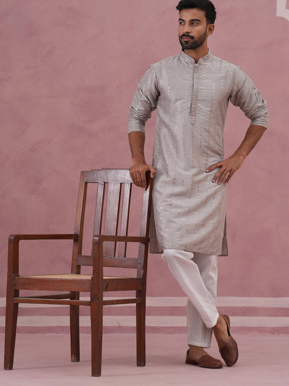 Traditional Silk-Blend Silver Kurta Pyjama For Men