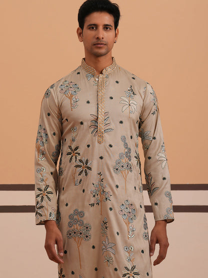 Botanical Embroidered Cotton Blend Kurta Set For Men