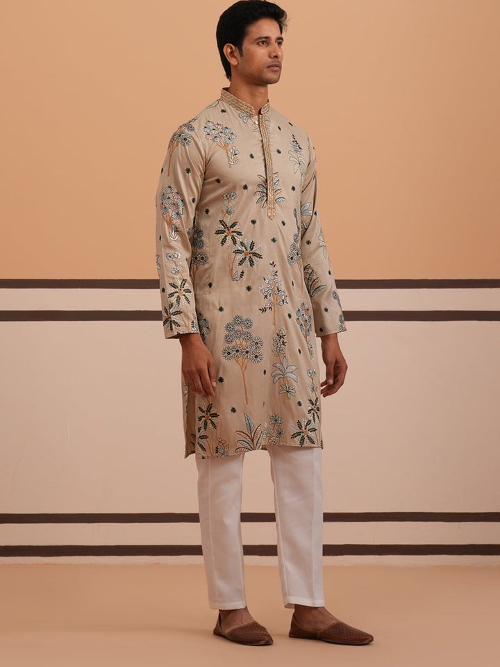 Botanical Embroidered Cotton Blend Kurta Set For Men