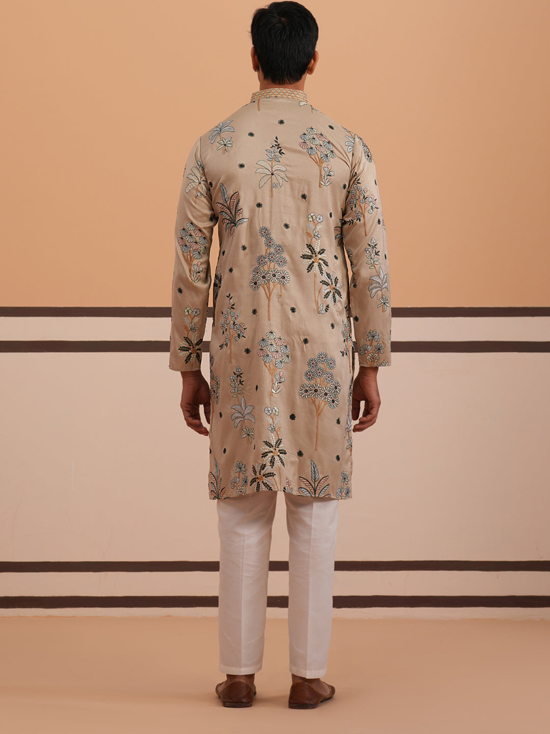 Botanical Embroidered Cotton Blend Kurta Set For Men