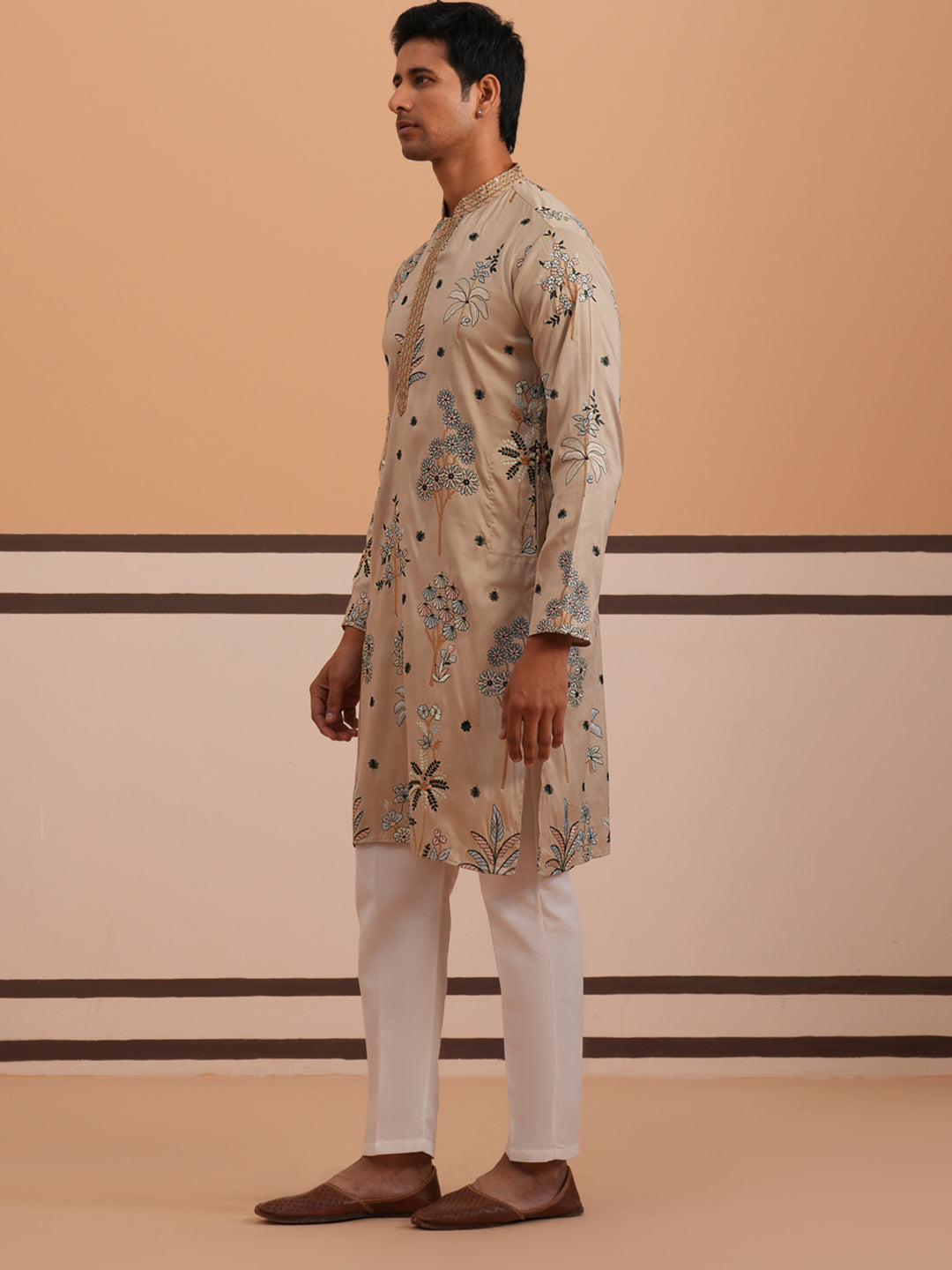 Botanical Embroidered Cotton Blend Kurta Set For Men