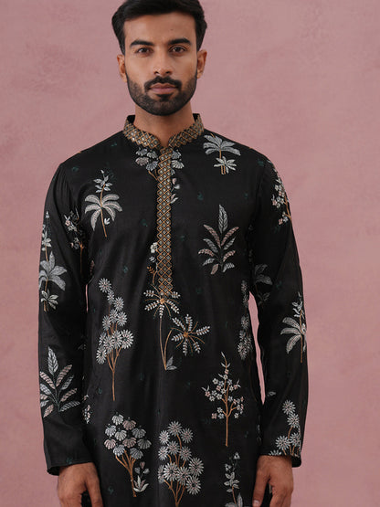 Botanical Embroidered Cotton Blend Kurta Set For Men
