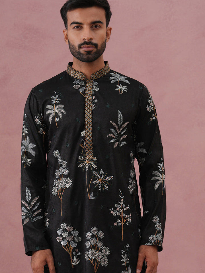 Botanical Embroidered Cotton Blend Kurta Set For Men
