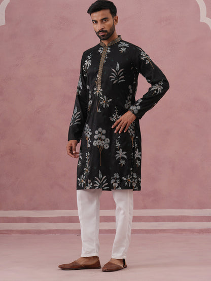 Botanical Embroidered Cotton Blend Kurta Set For Men