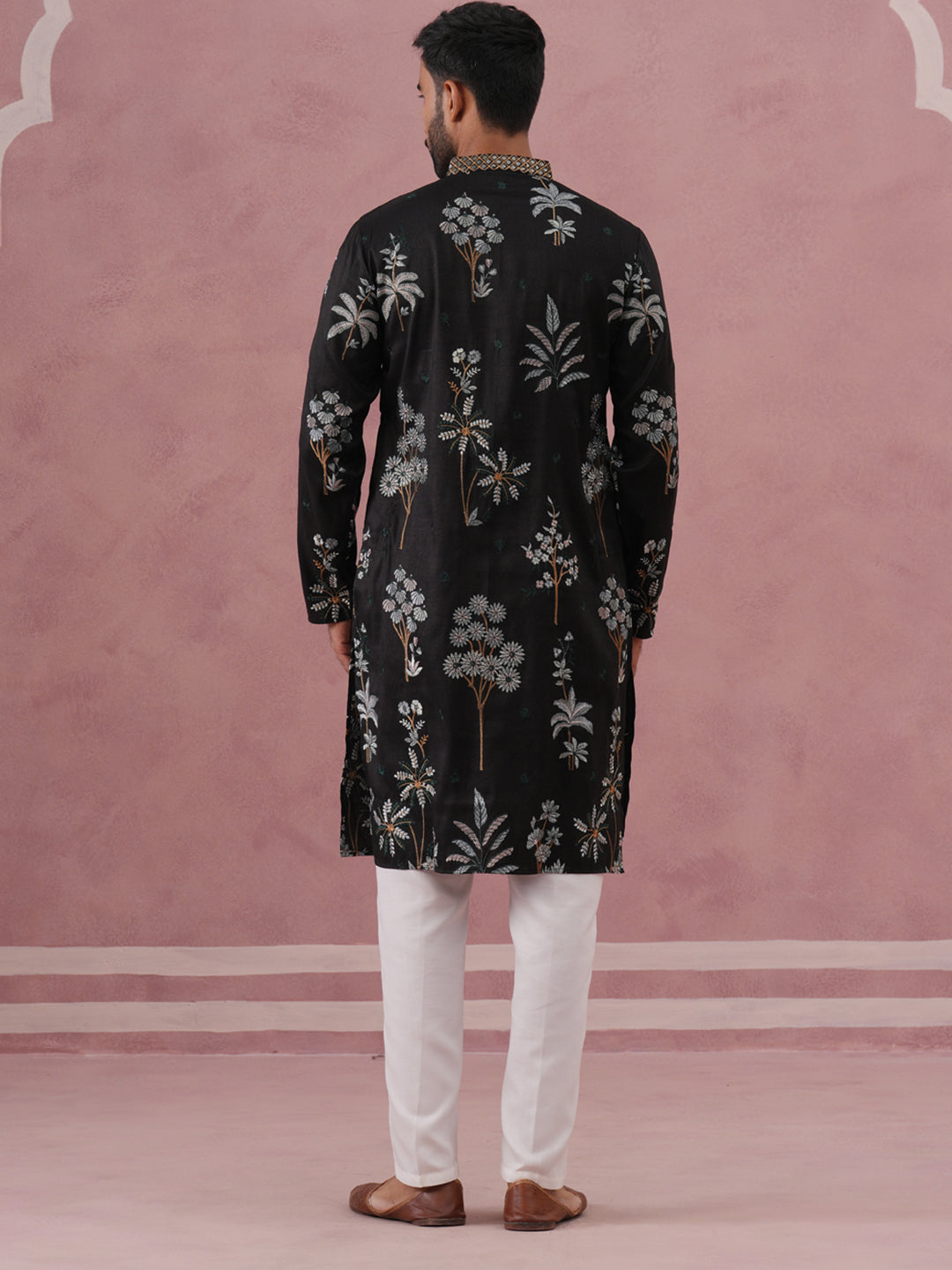 Botanical Embroidered Cotton Blend Kurta Set For Men