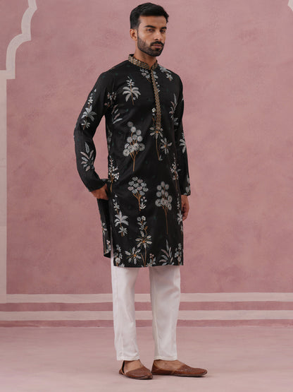 Botanical Embroidered Cotton Blend Kurta Set For Men