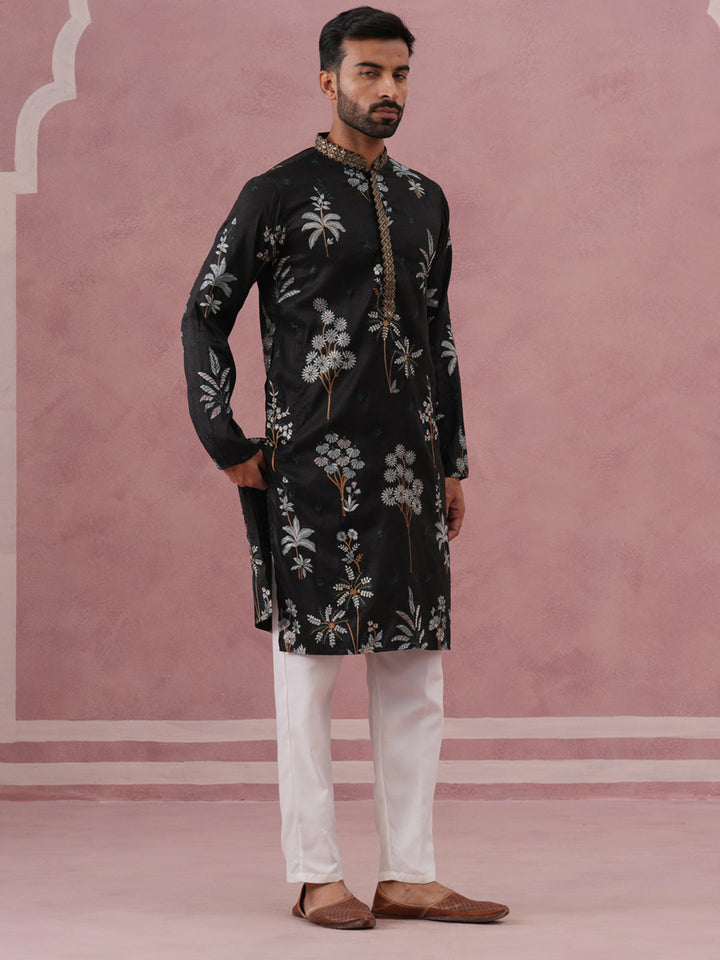 Botanical Embroidered Cotton Blend Kurta Set For Men
