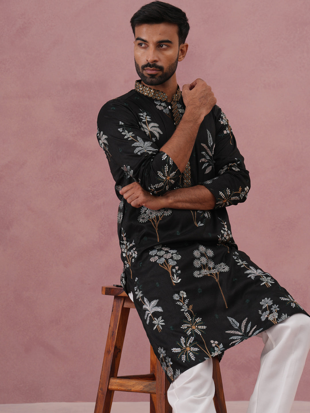 Botanical Embroidered Cotton Blend Kurta Set For Men