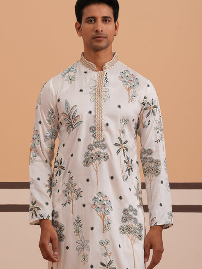 Botanical Embroidered Cotton Blend Kurta Set For Men