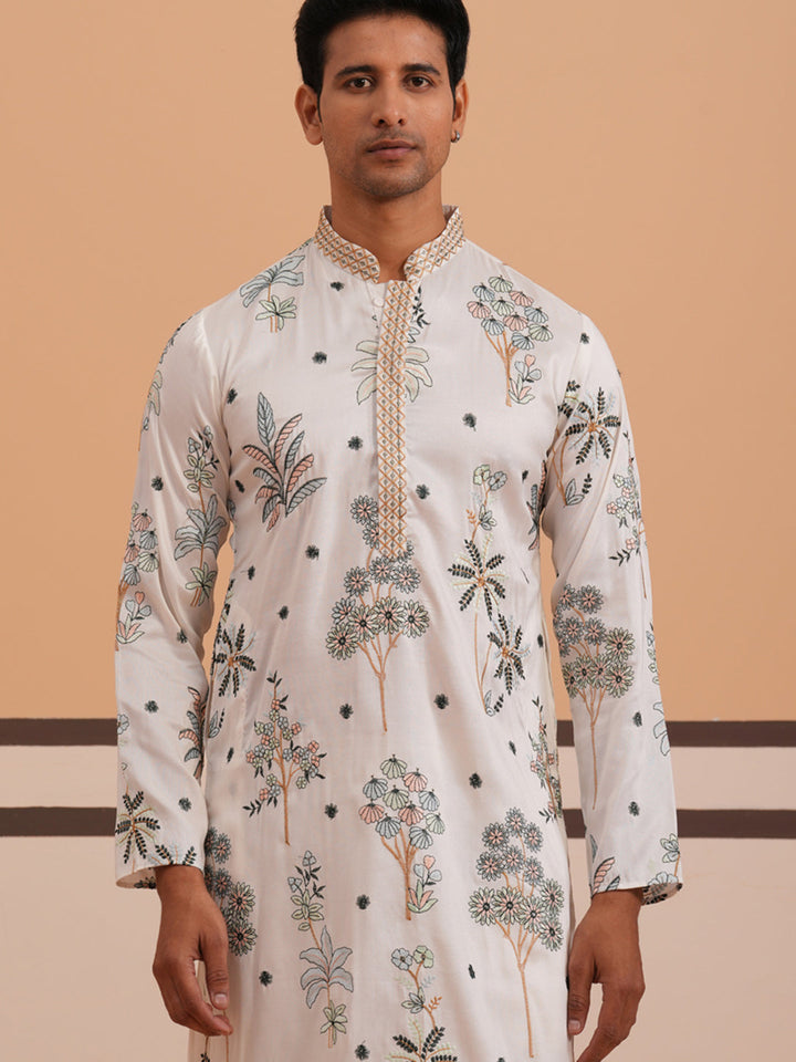 Botanical Embroidered Cotton Blend Kurta Set For Men