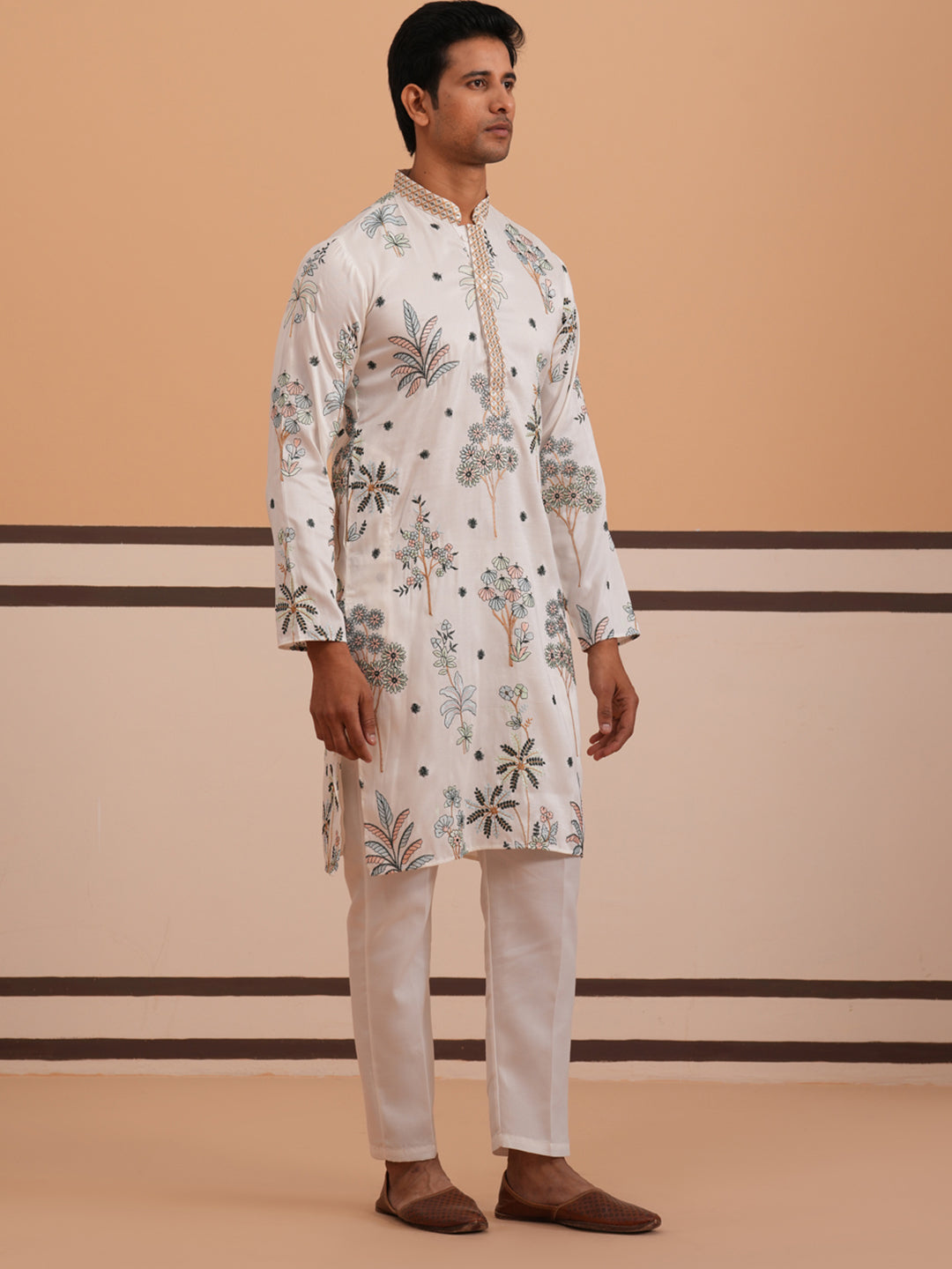 Botanical Embroidered Cotton Blend Kurta Set For Men