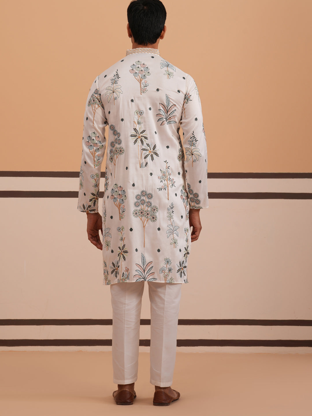 Botanical Embroidered Cotton Blend Kurta Set For Men