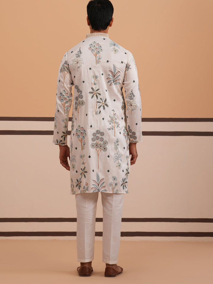 Botanical Embroidered Cotton Blend Kurta Set For Men