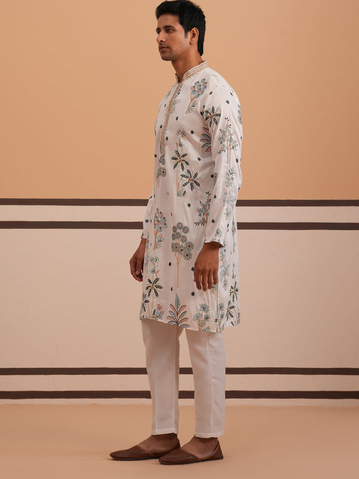 Botanical Embroidered Cotton Blend Kurta Set For Men