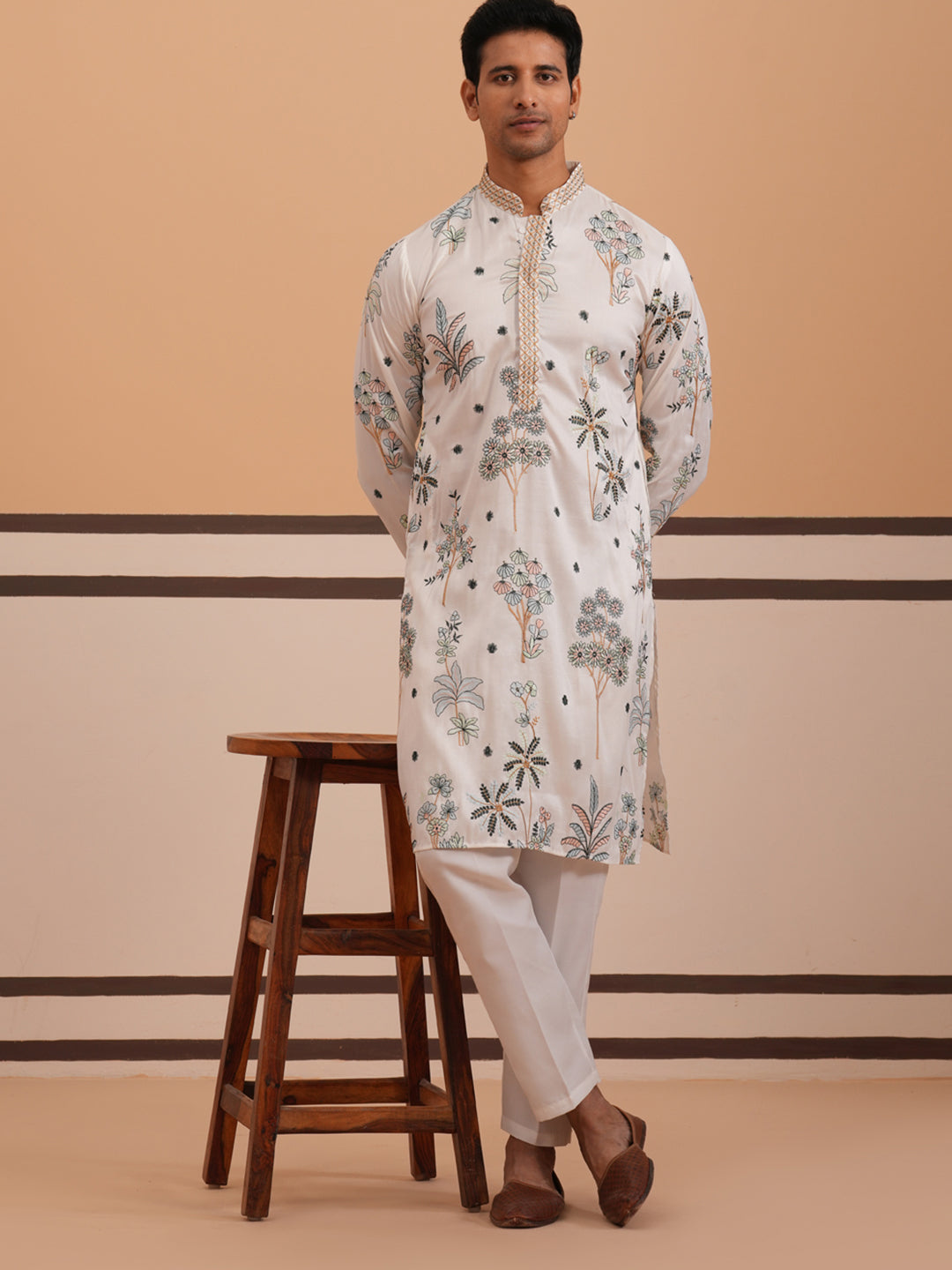 Botanical Embroidered Cotton Blend Kurta Set For Men