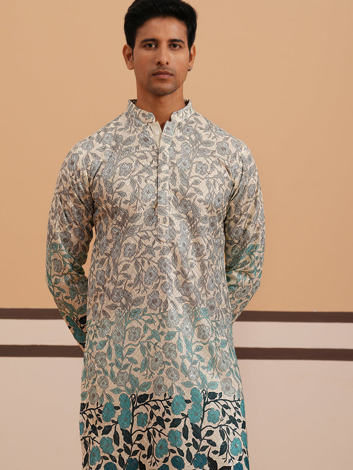 Men’S Printed Kurta Pyjama With Embroidered Detailing