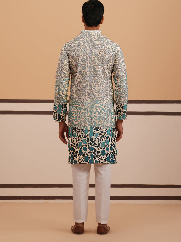Men’S Printed Kurta Pyjama With Embroidered Detailing