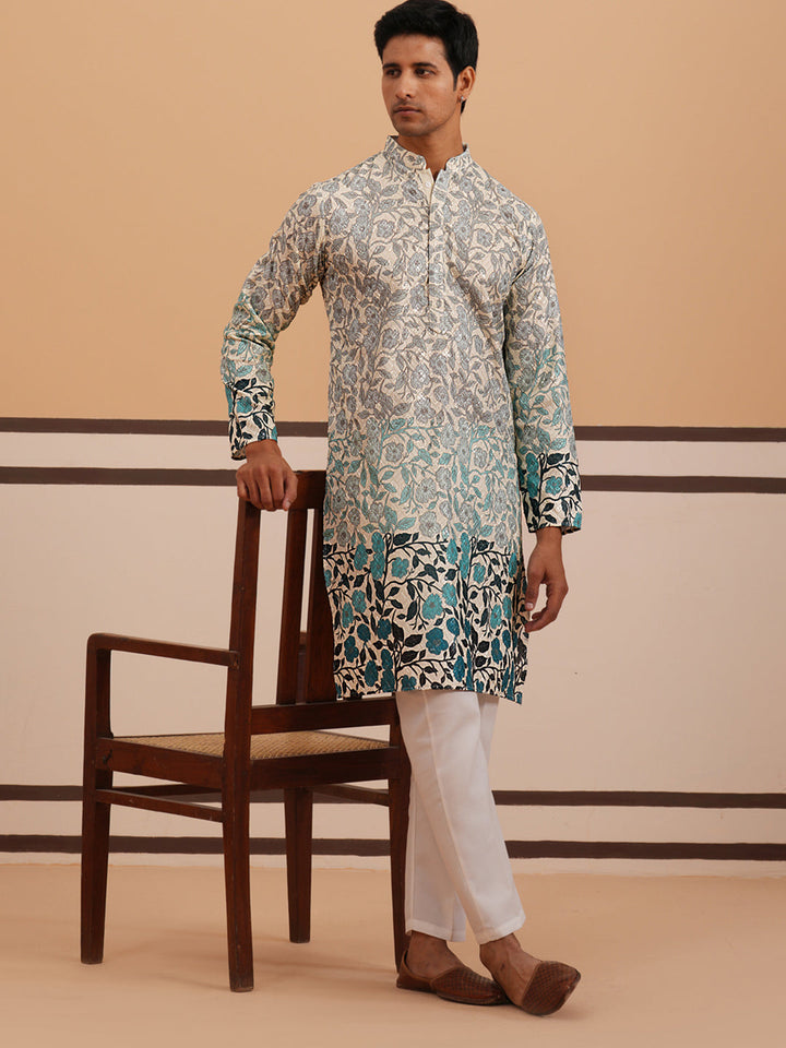 Men’S Printed Kurta Pyjama With Embroidered Detailing
