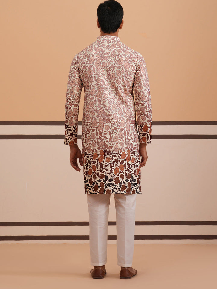 Men’S Printed Kurta Pyjama With Embroidered Detailing