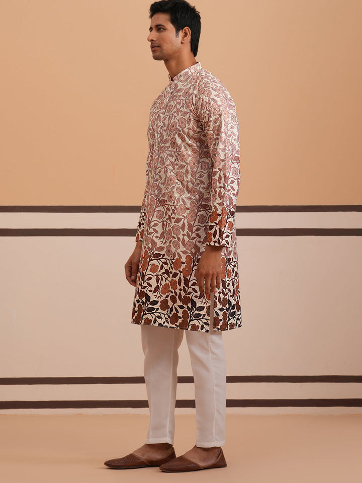 Men’S Printed Kurta Pyjama With Embroidered Detailing