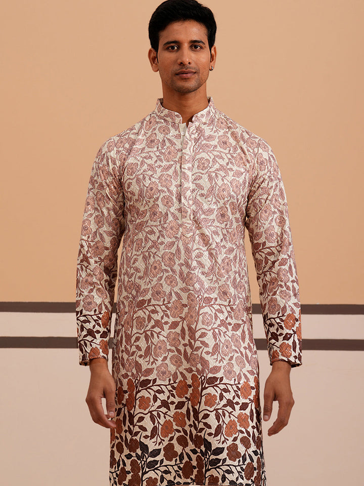 Men’S Printed Kurta Pyjama With Embroidered Detailing